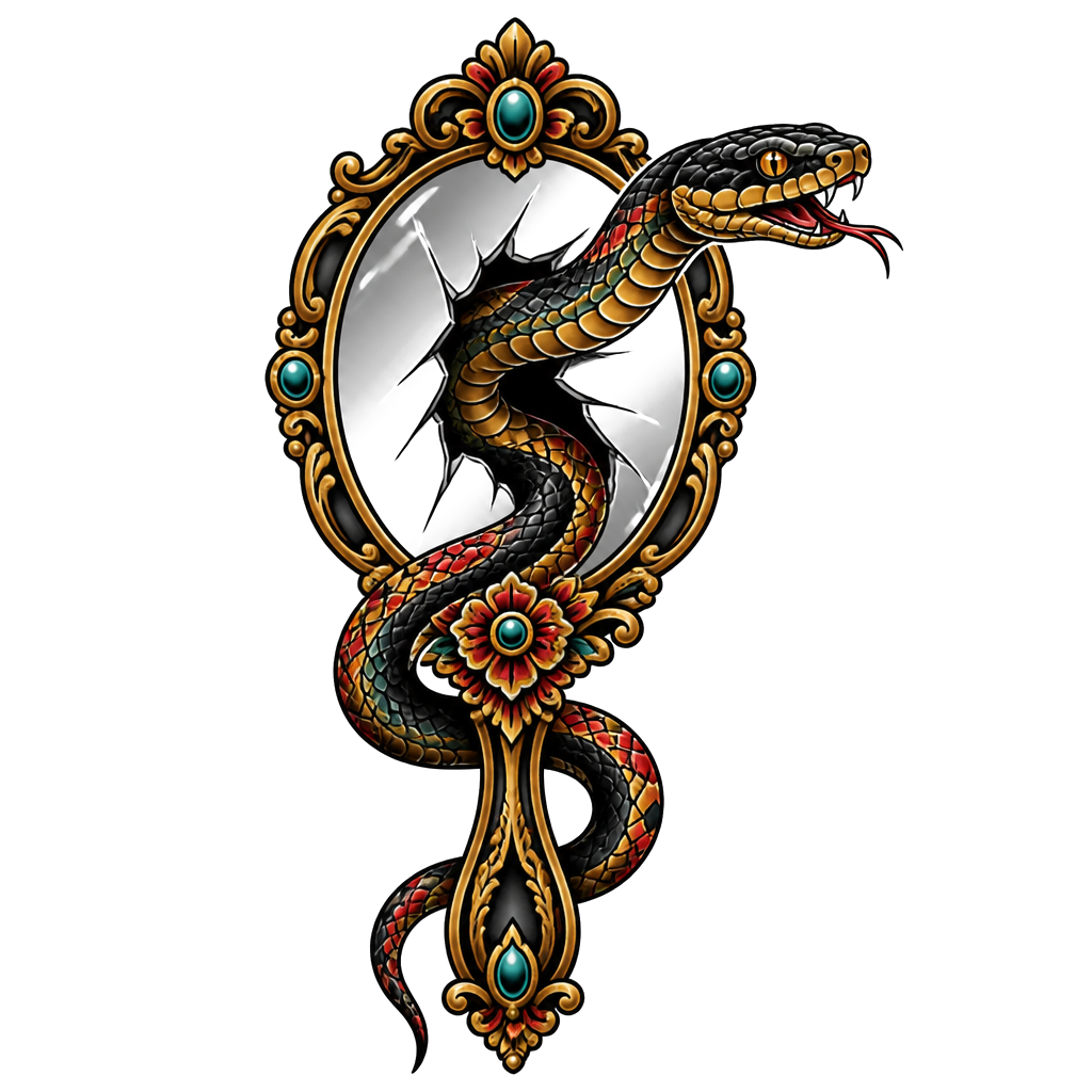 A snake slipping through a decorated hand mirror
