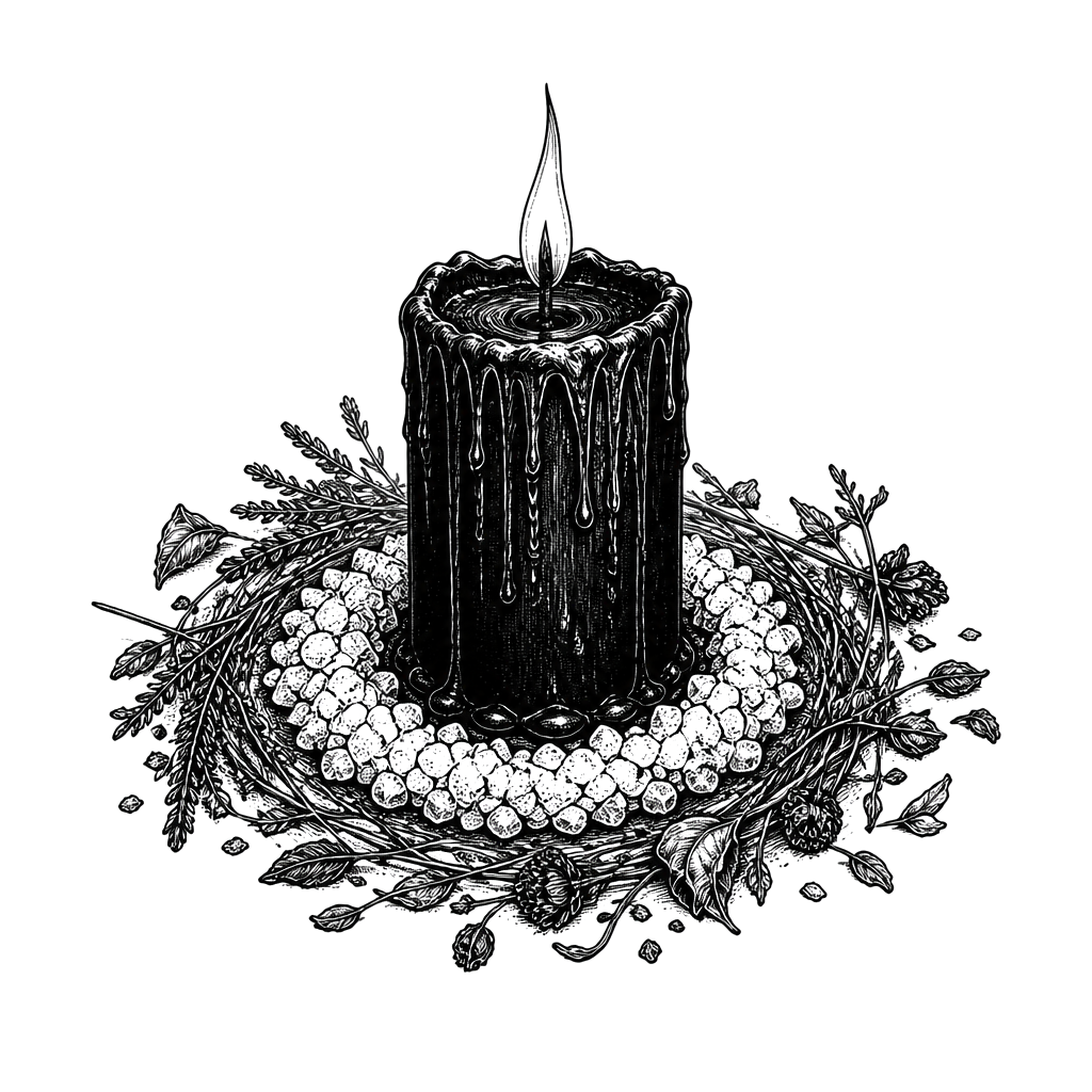 A black candle ringed by salt and dried herbs