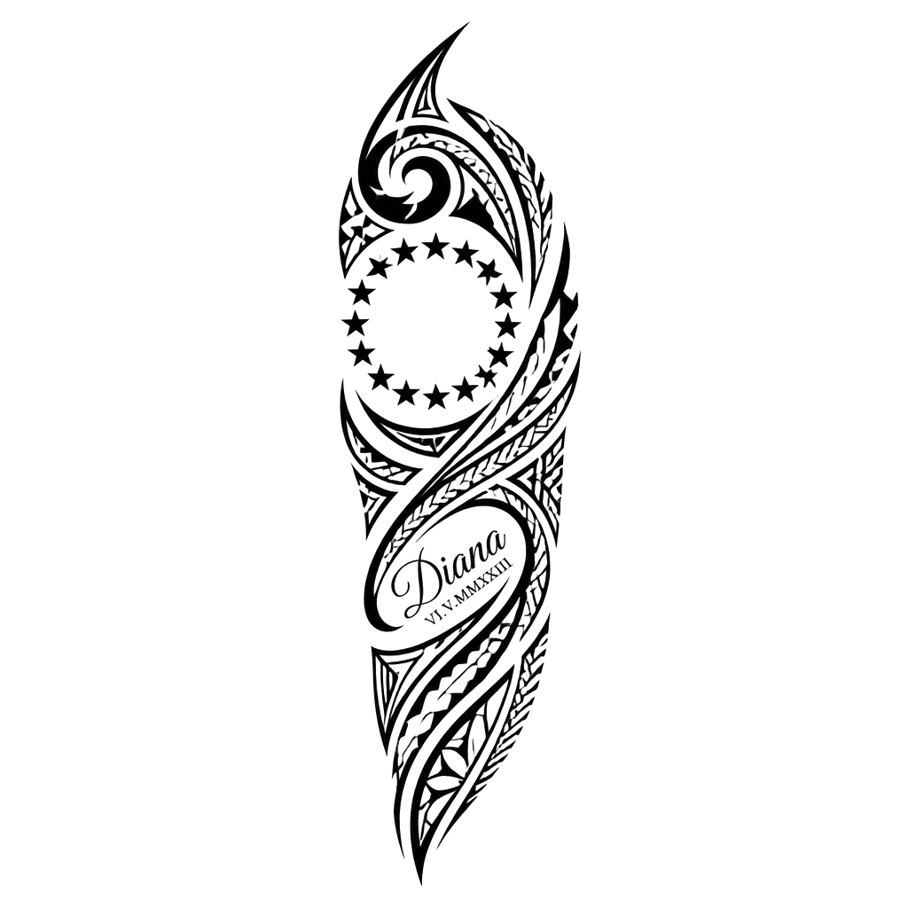 Add cook island patterns and Samoan patterns then the 15 stars in a circle plus the name : “Diana” and date “06.05.2023” in Roman numerals make name and date small. Place on the forearm