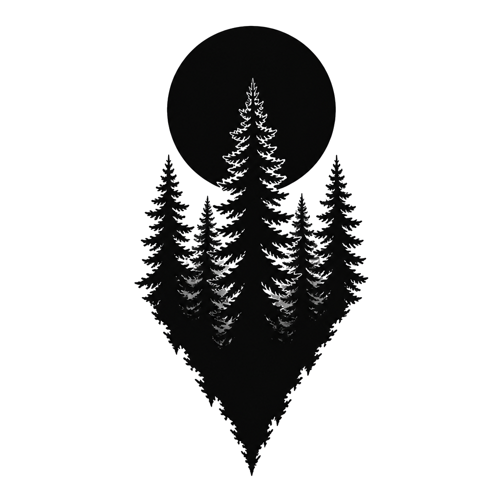 A pine forest silhouette under a filled moon