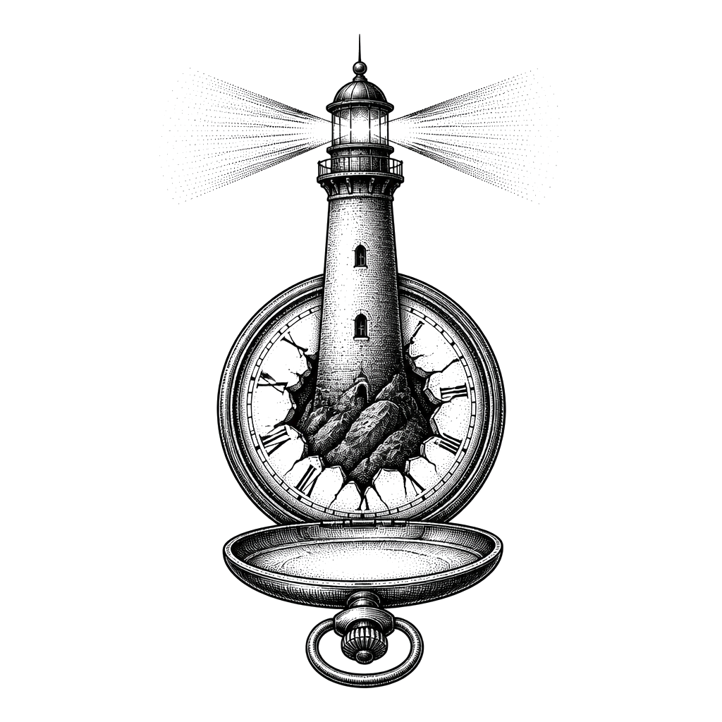 A lighthouse growing out of an open pocket watch