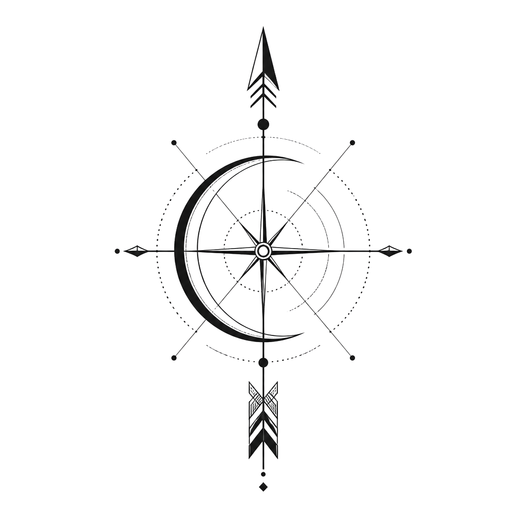 A crescent and an arrow forming a compass of fine angles