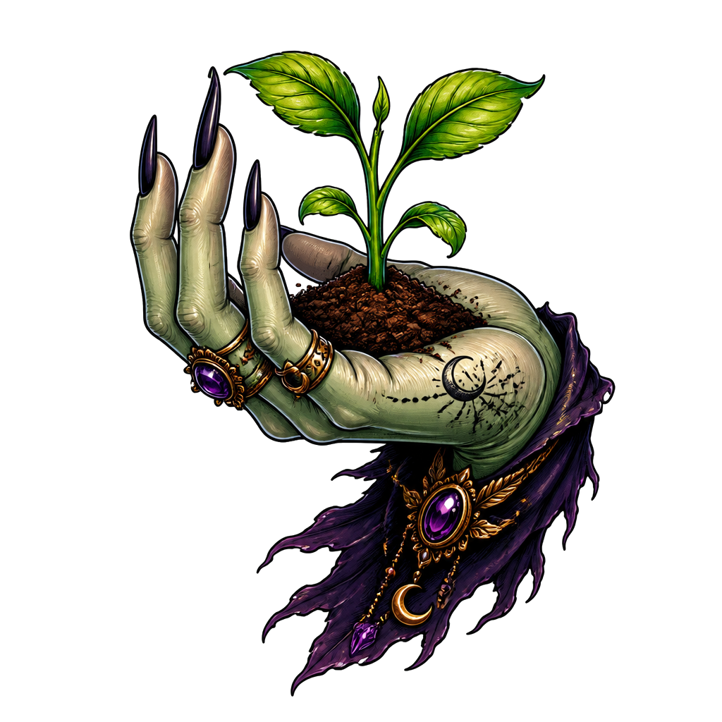A witch's hand cupping a sprouting seedling