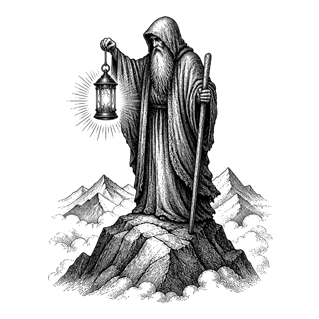 The Hermit tarot card holding a lantern on a bare peak