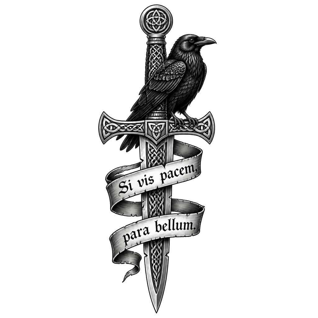 Celtic dagger with crow and lettering Si vis pacem, para bellum