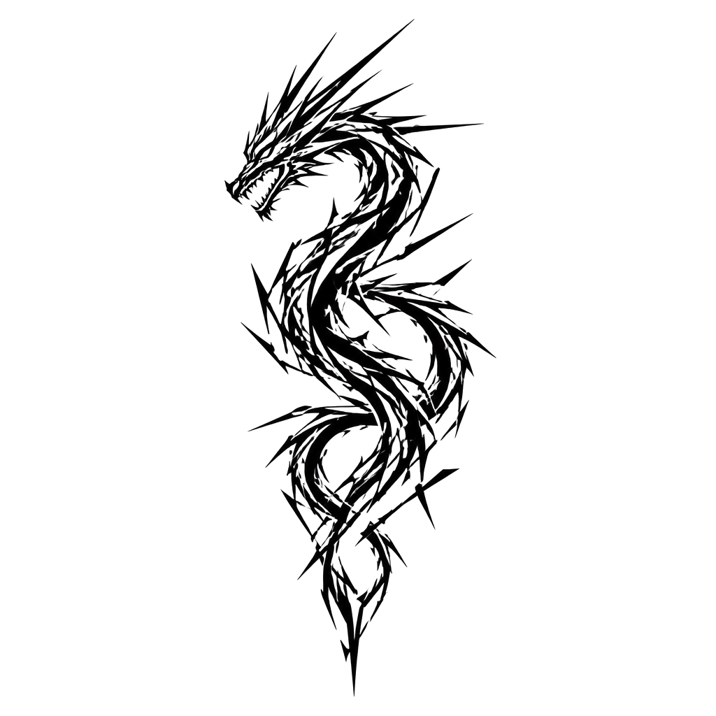 A dragon of splintered spikes running from neck to hip