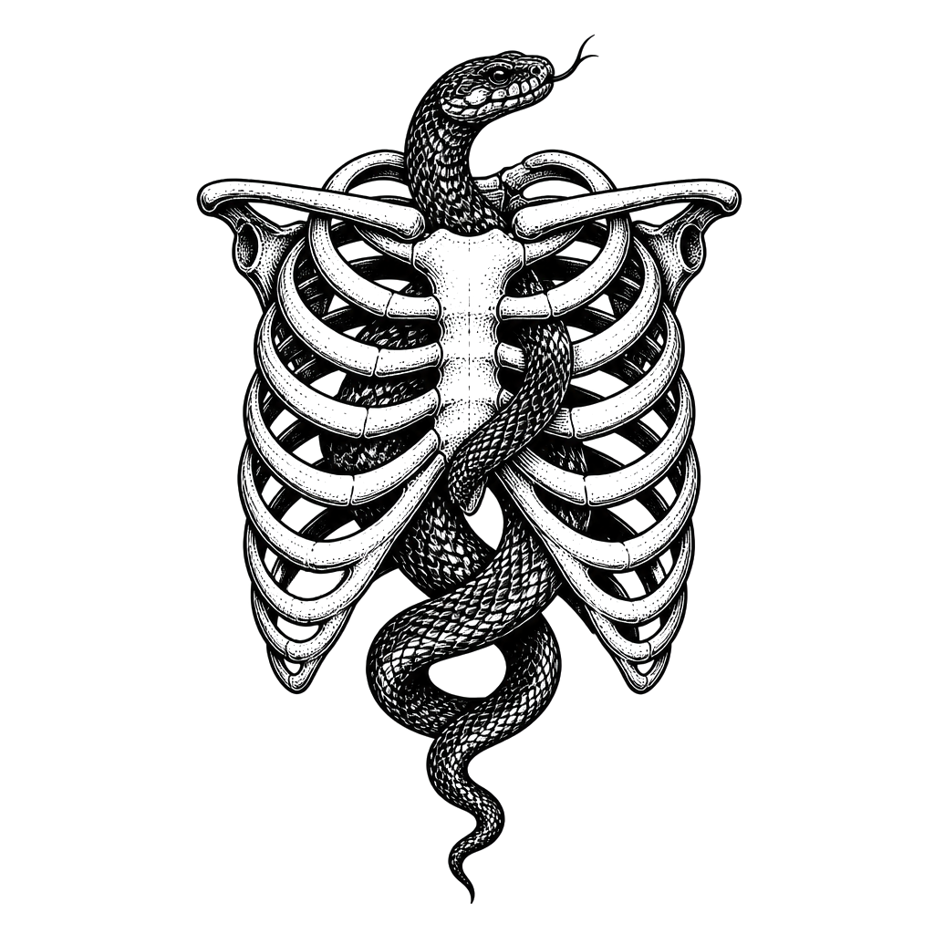 A snake slithering through an open ribcage