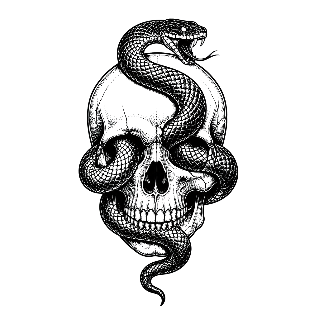 A snake coiled through the eye sockets of a skull