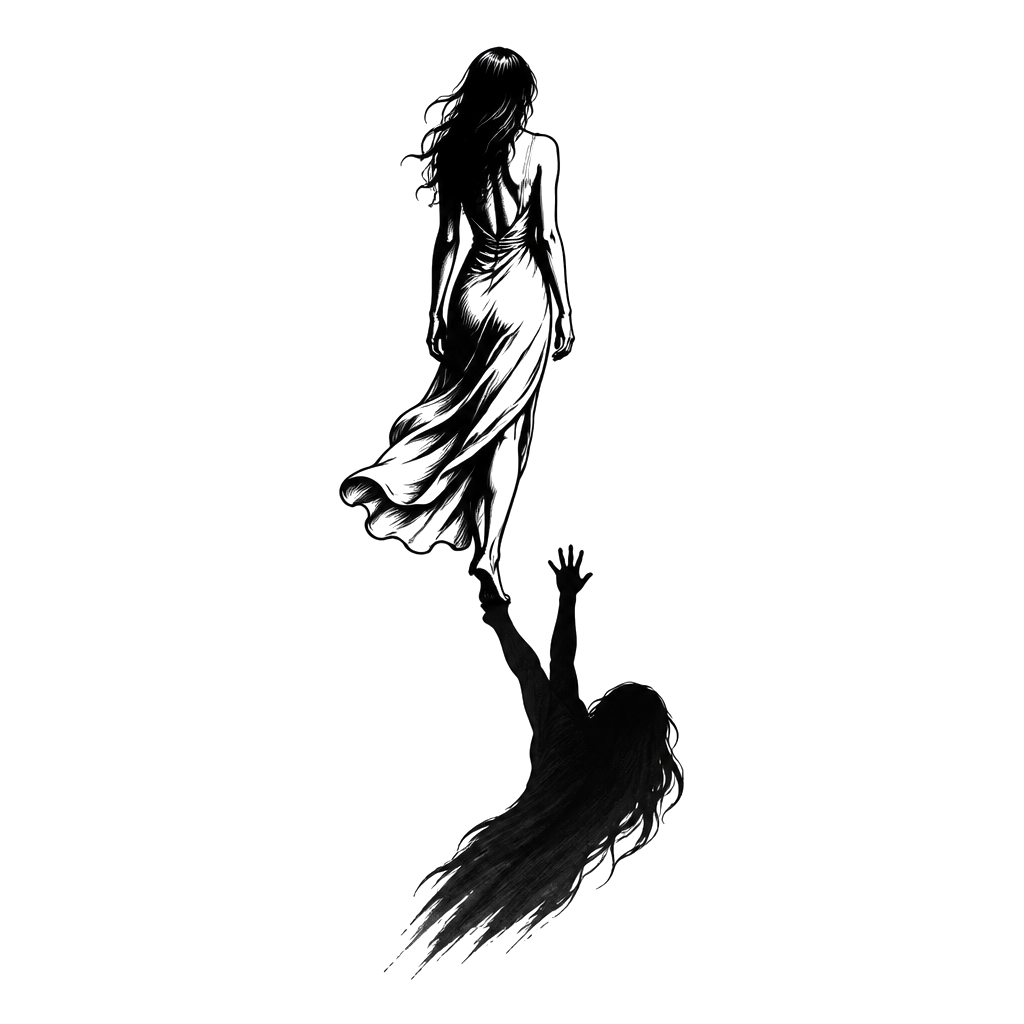 A woman walking away while her shadow reaches back