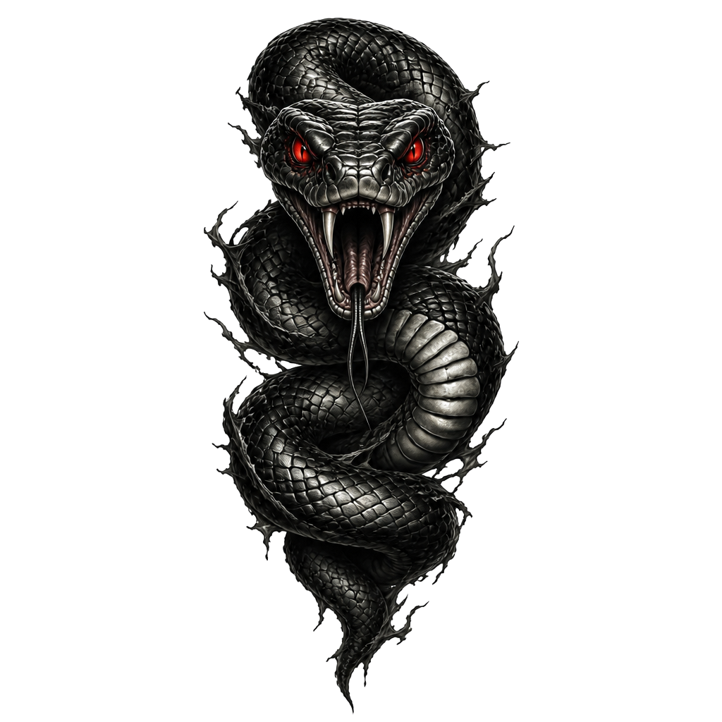Calf tattoo, snake, red eyes, hissing.