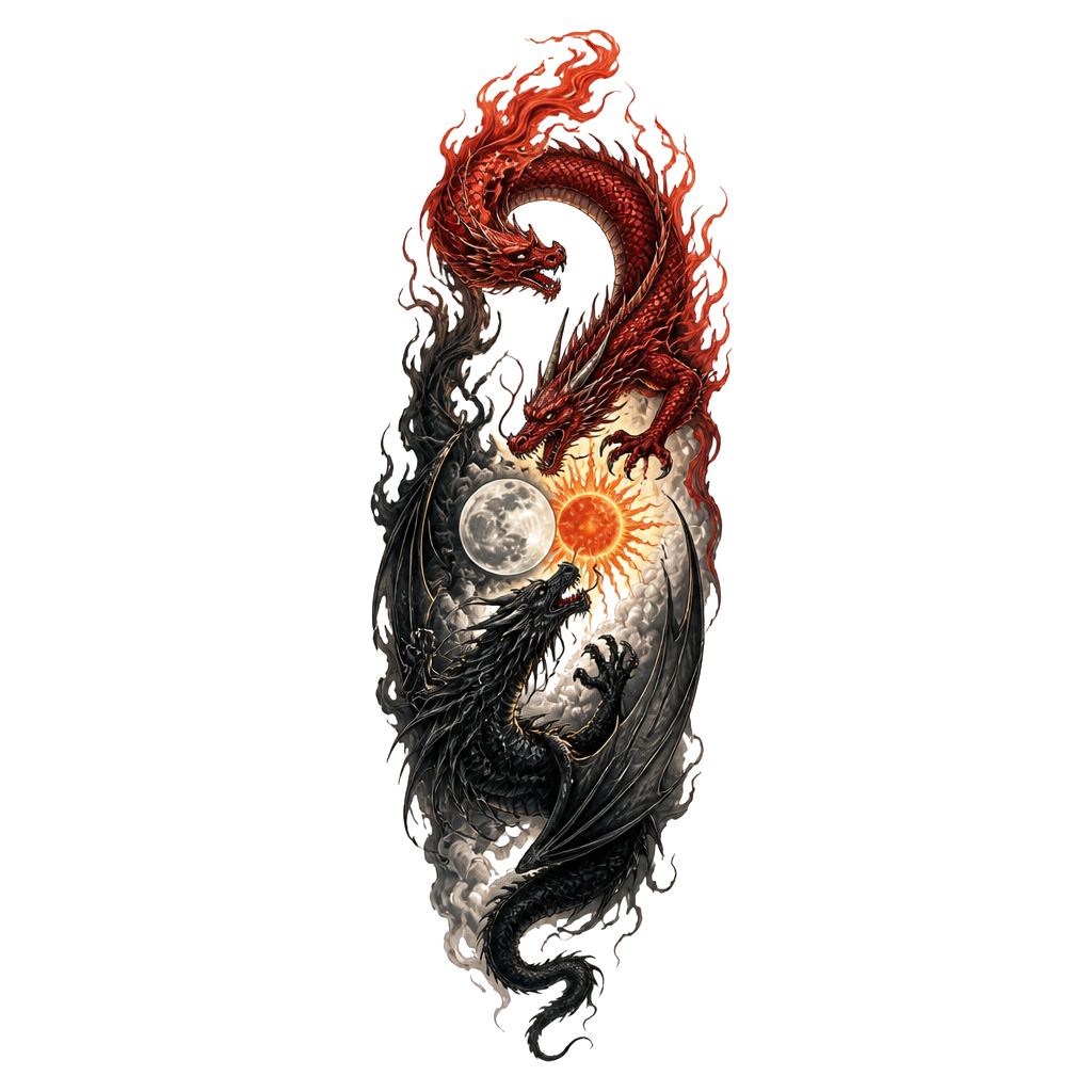 Un dragon rouge avec la queue en flamme et un dragon noir avec des ailes un peu différent et plus sombre, placé à l’envers comme le ying et le yang, avec au milieu des deux dragons une lune et un soleil. Je veux qu’il soit en long et que seul leurs têtes se croise