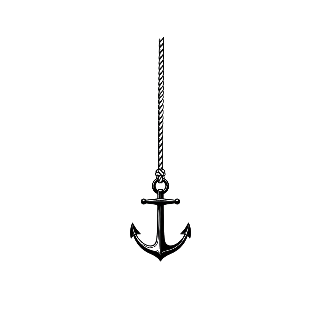 A tiny anchor hanging from one rope line