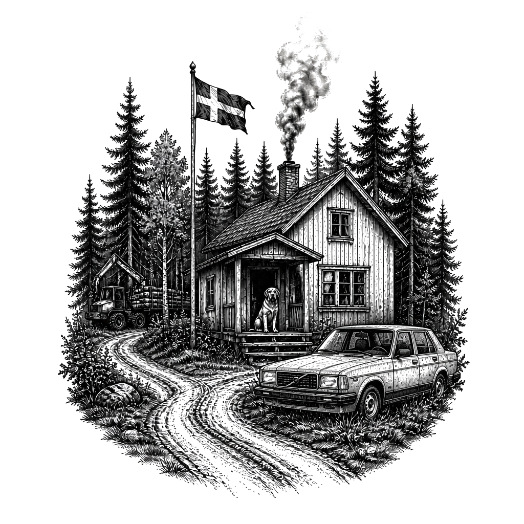 A forest with a house and a old anondoned Volvo next to the house and a flagpole with swedish flag and smoke coming from the chimney and a road coming the house and a dog on the front porch and a forwarder in the forest