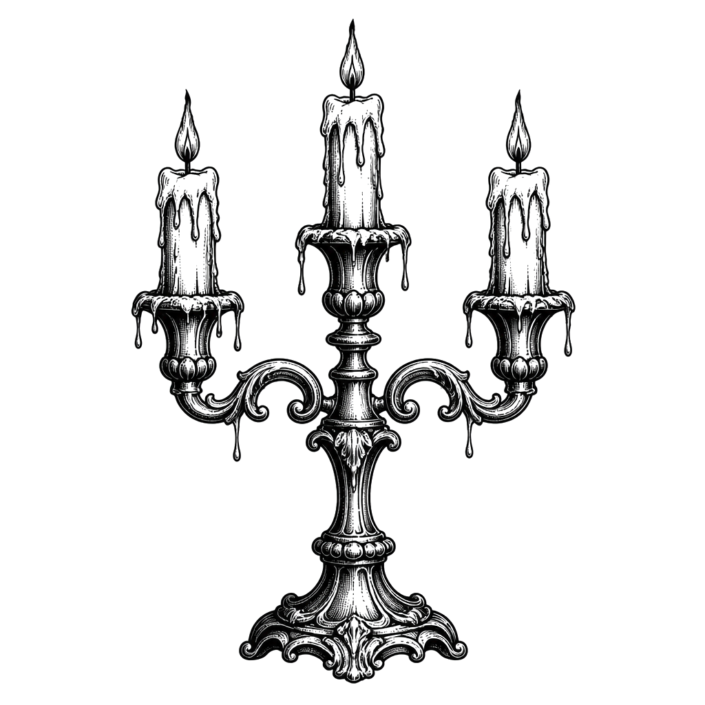 A three-armed candelabra dripping wax