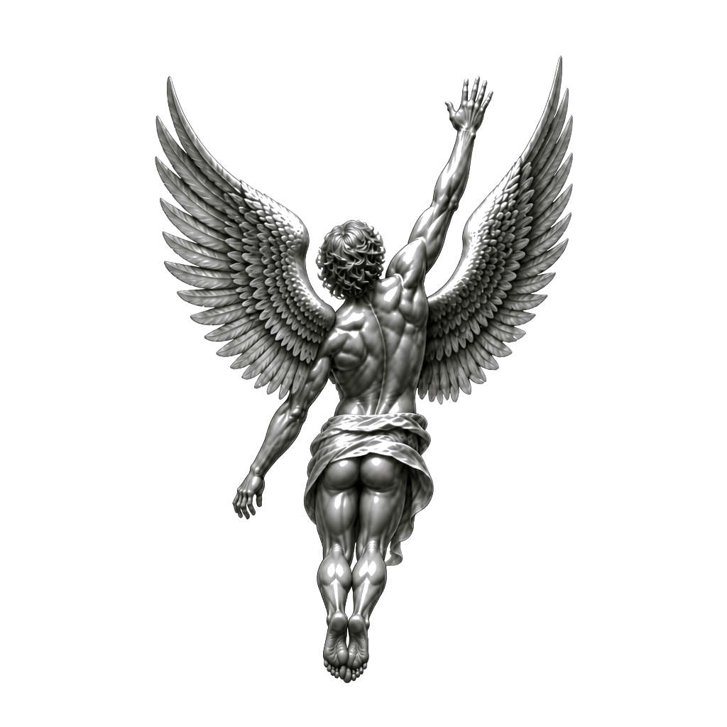 Un ange musclé détendu mais qui semble bondir vers le ciel avec le bras tendu vers le haut la paume de main ouverte. Il regarde dans la même direction que son bras tendu. Son corps et ses jambes ne sont pas complètement droites. Il a des ailes