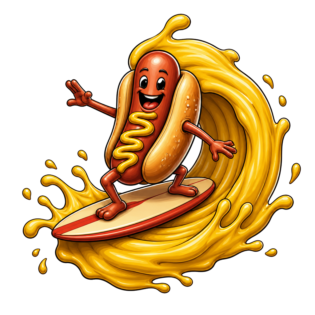 A hot dog surfing a wave of mustard