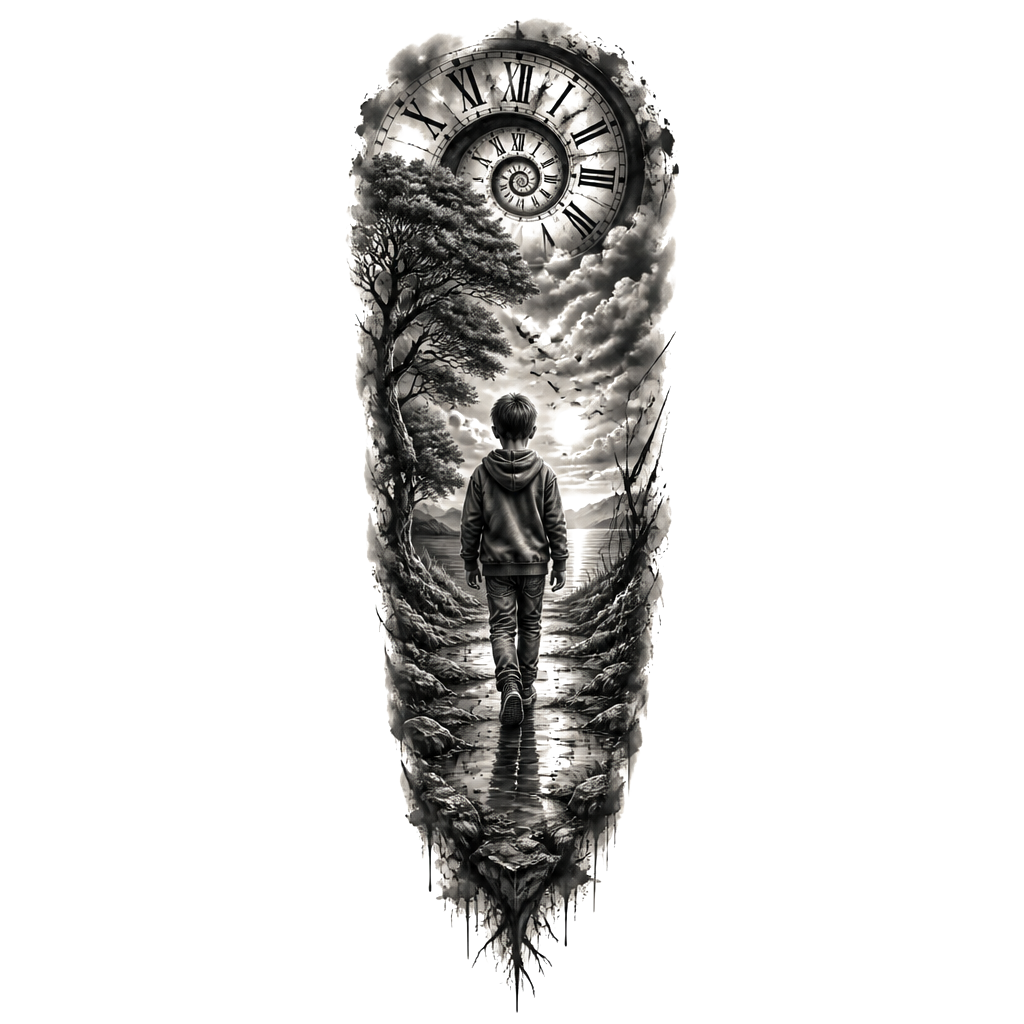 Boy walking tattoo sleeve with verse