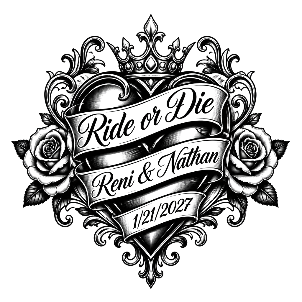 Heart(not a real heart) with ride or die and incorporate Reni & Nathan. Please put wedding date, 1/21/2027