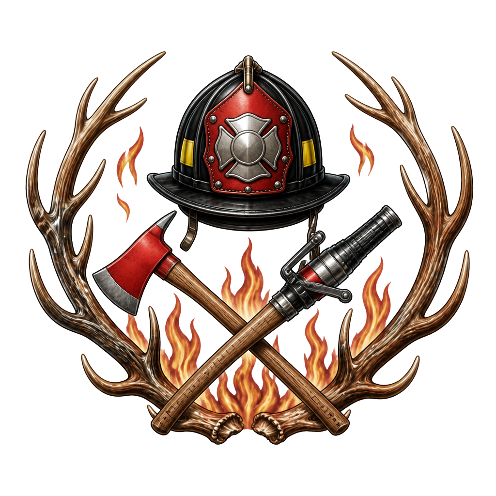 A young firefighter’s helmet above crossed welding tongs and fishing rod, framed by antlers and subtle flames—duty, craft, and life outdoors.