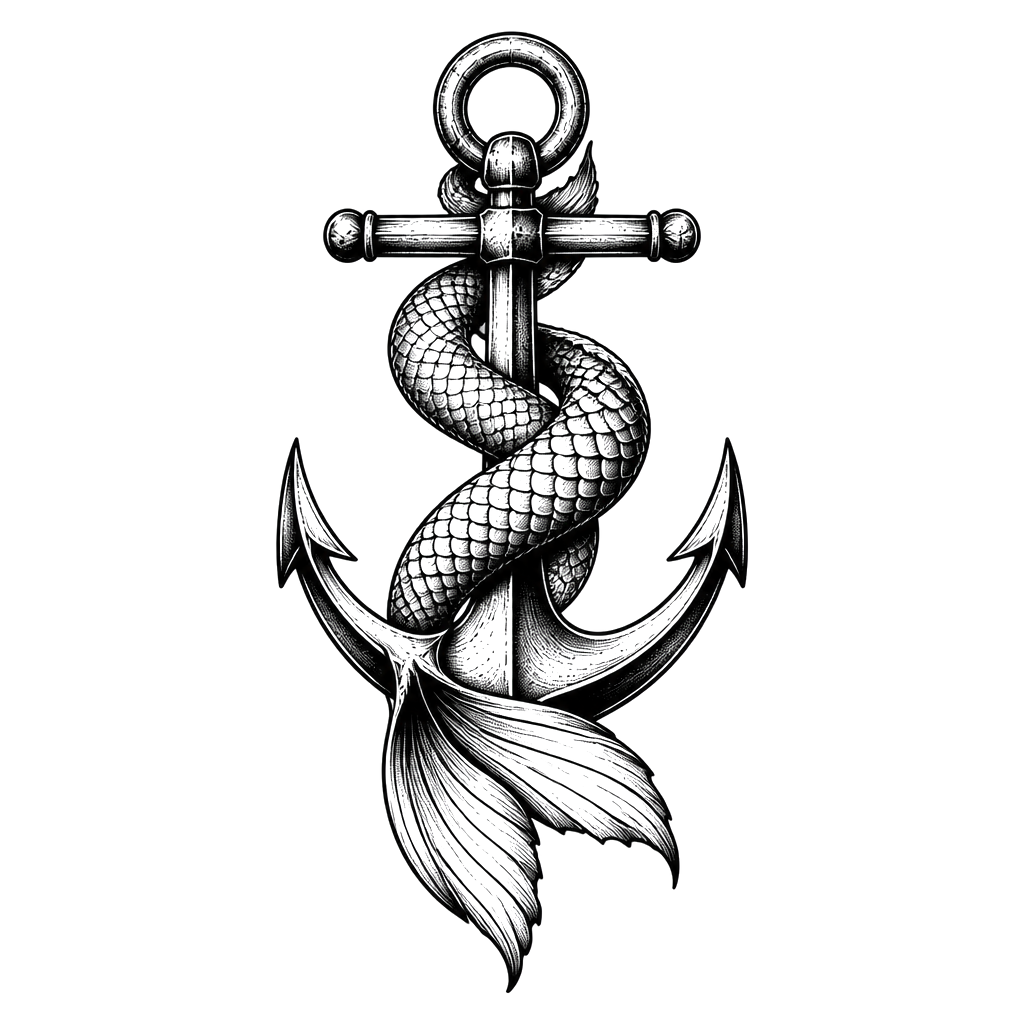 A siren's tail coiled around a ship's anchor