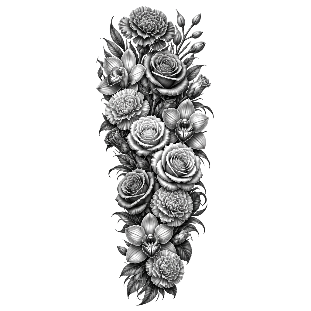 a sleeve of carnations, orchids, and roses