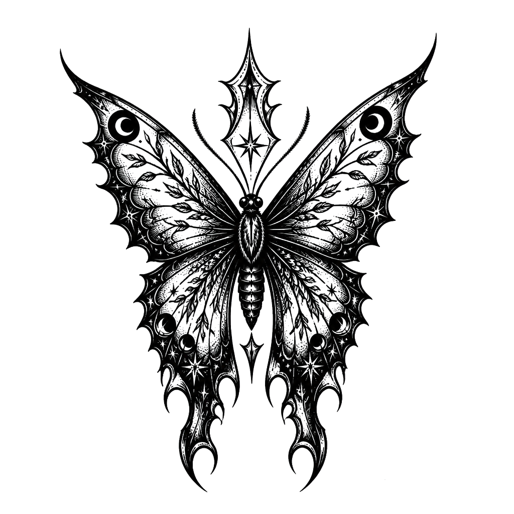 A vintage black-and-white tattoo design of a highly stylized butterfly or moth, centered and symmetrical, drawn in an intricate hand-inked engraving style. The wings are large and ornate, filled with delicate botanical and geometric patterns, small star-like sparkles, curved ornamental details, and fine crosshatching. The body and upper wings extend into elegant pointed, flame-like ornamental shapes, while the lower wings taper into long curved decorative forms.