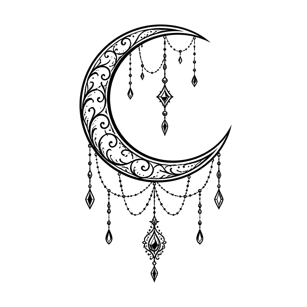A crescent moon hung with tiny jewels
