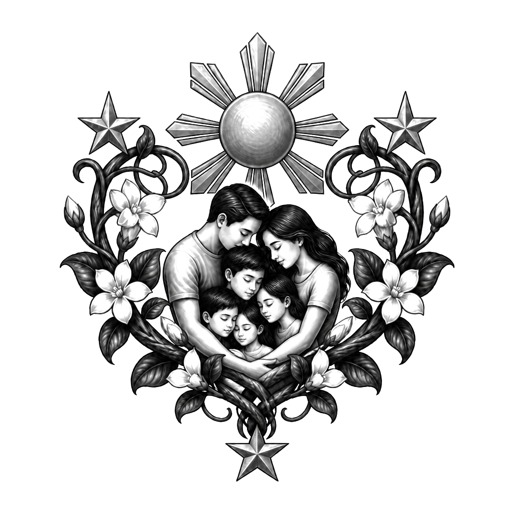 A Philippine sun and three stars encircle a family beneath a sampaguita vine, their interwoven stems forming a heart and a strong protective embrace.
