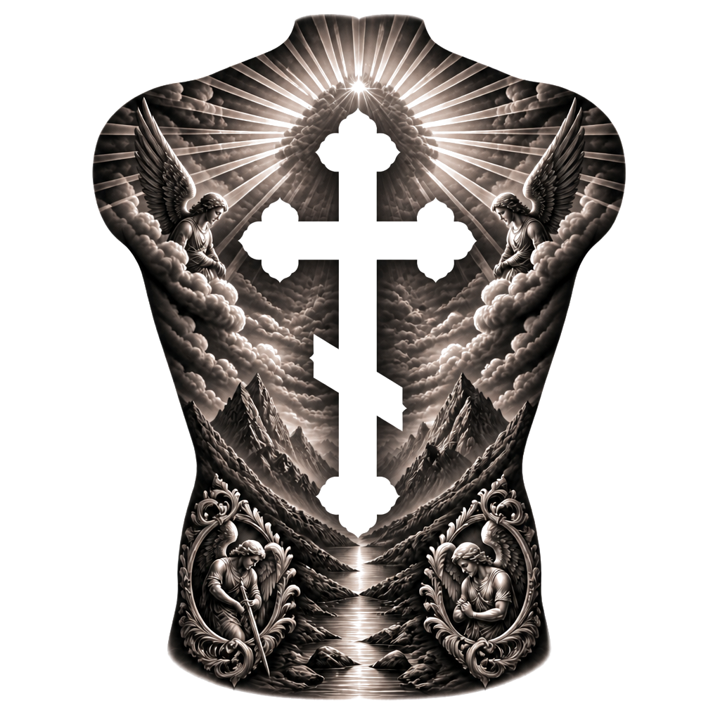 Full back piece with a Christian orthodox cross tattoo in negative space. I want sunrays to border the top and upper corners. Add two other smaller pieces in both lower corners