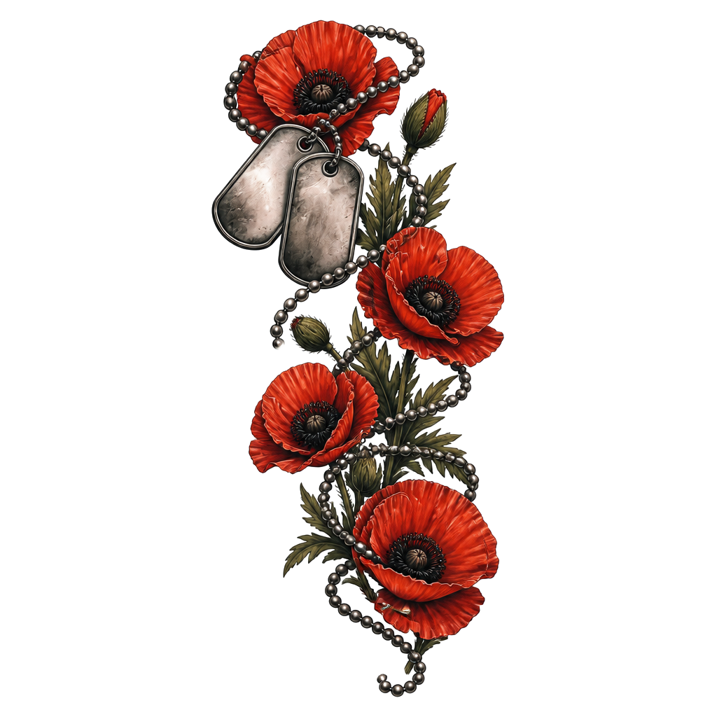 I want army dog tags to start on my bicep and the chain to wrap around my arm down onto my forearm with poppys around it