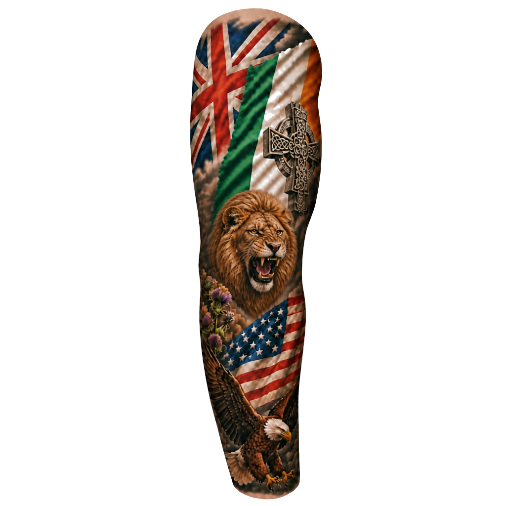English and Irish tattoo with meaning that also is America. Create it in a full sleeve also include a female lion.