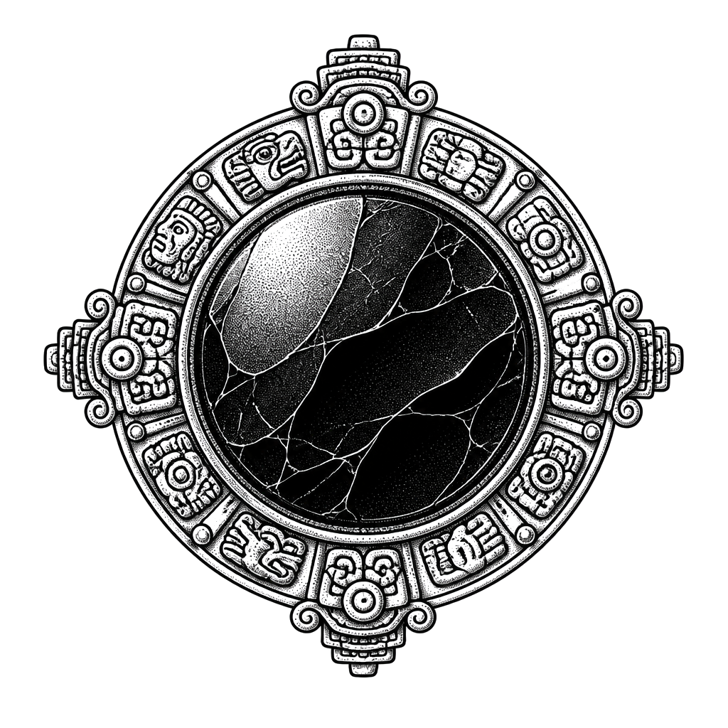 A stippled obsidian mirror ringed with glyphs
