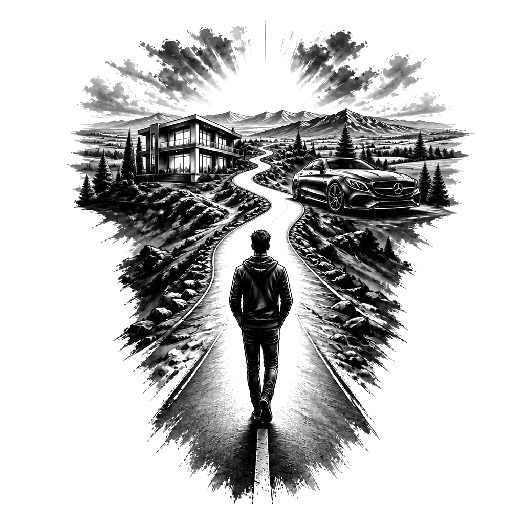 Man walking on a lonely road towards a dollar sign, house and a Mercedes coup