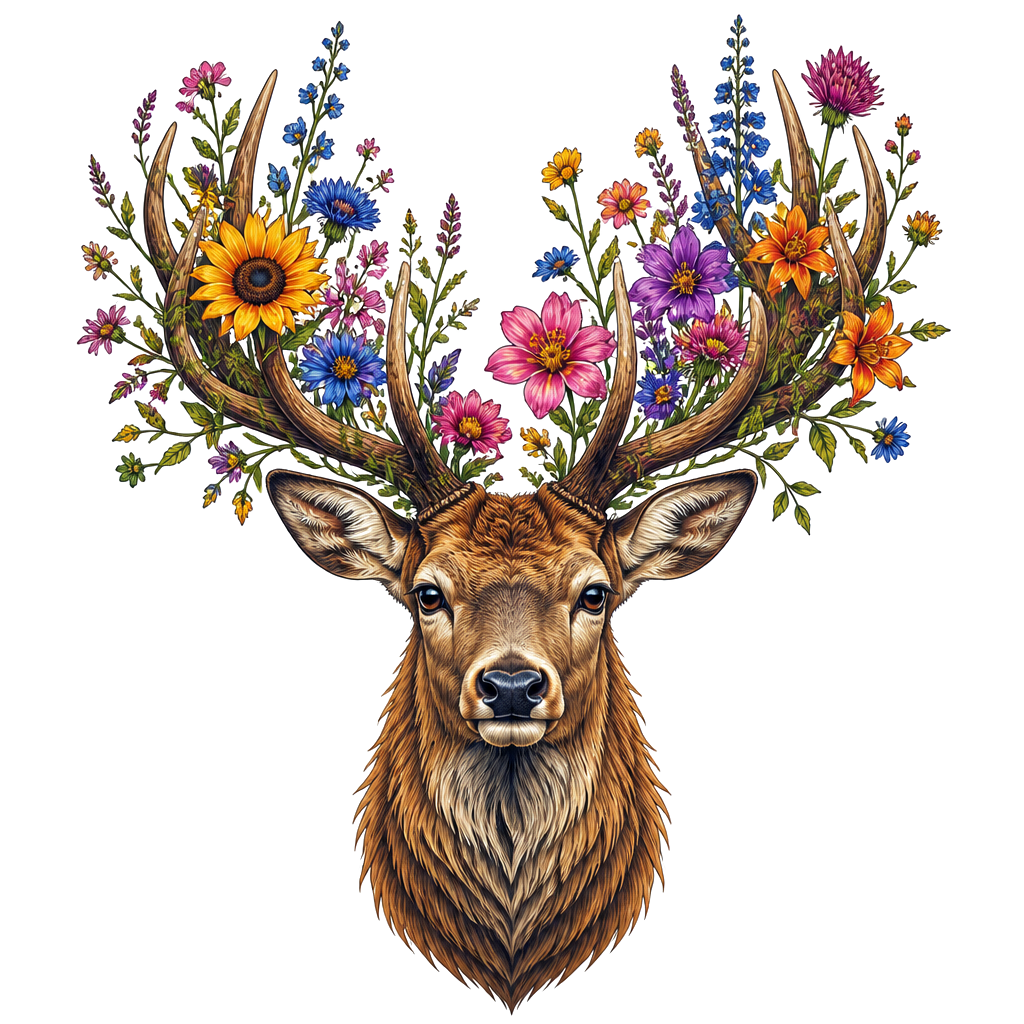 A stag with wildflowers blooming from its antlers