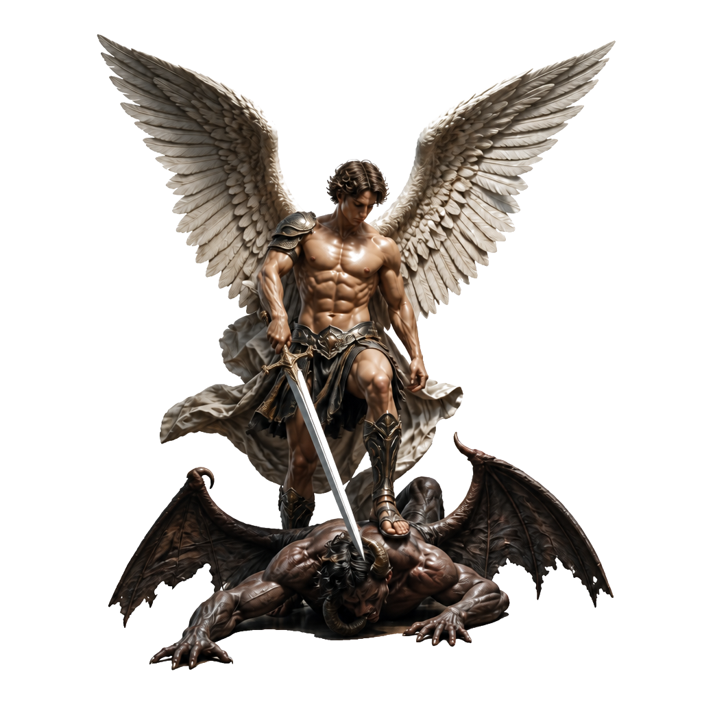 It’s an ultra realistic pic of saint Michael standing over a demon, sword drawn, shirtless lots of muscle