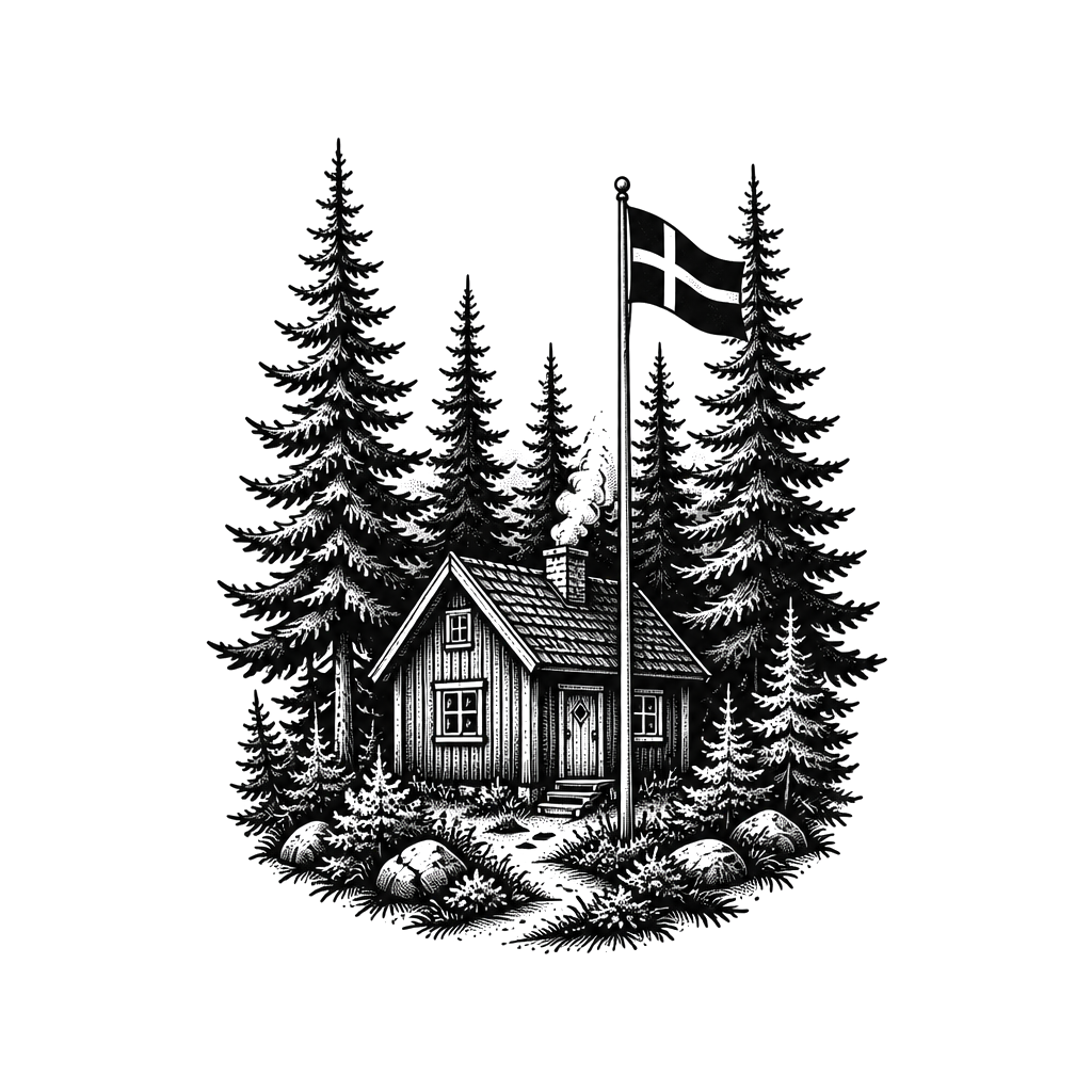 Swedish forest with a little Wood Cabon with a chimney and a flagpole with swedish flag