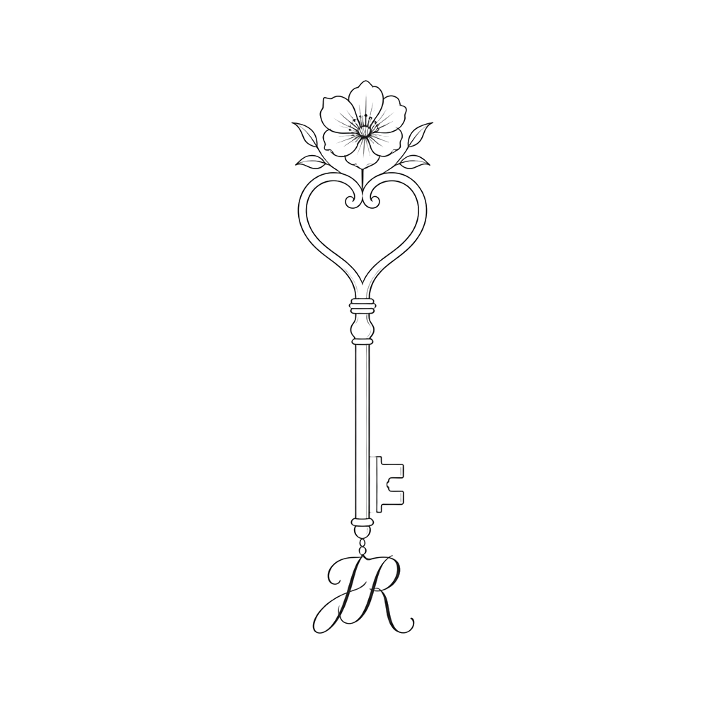 Create a key in a minimalist. Add a flower to the top, and the letters “J R” to the bottom. The top of the key should be shaped like a heart.