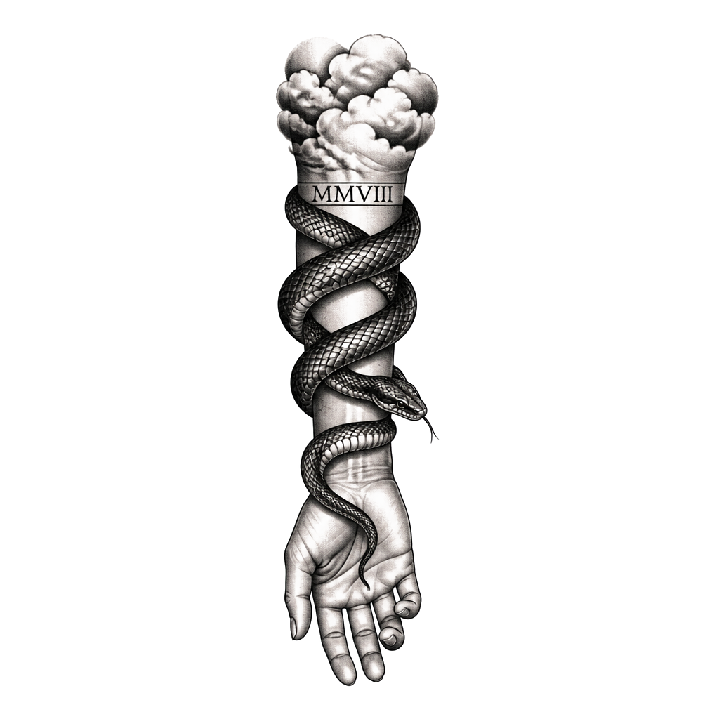 clouds on the wrist, 2008 in roman numerals, with a snake around the forearm