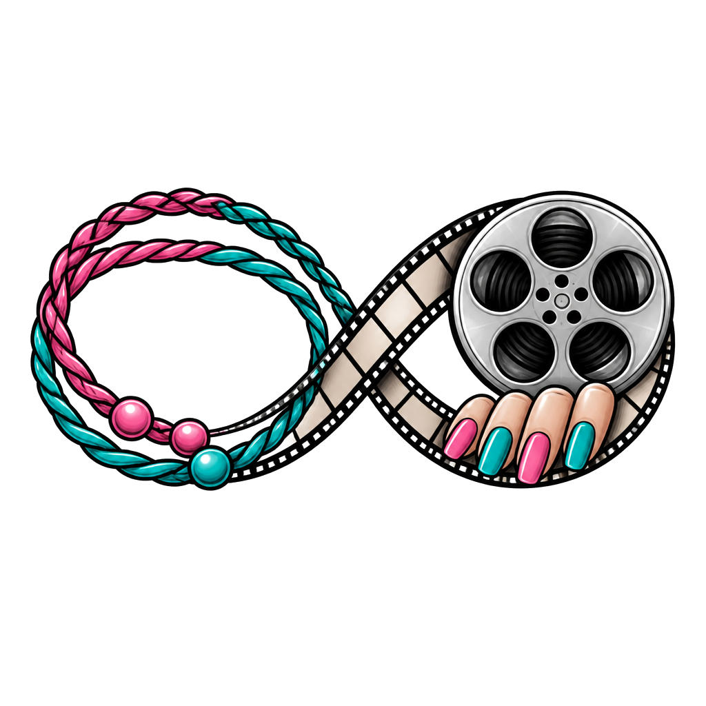 Two interlocked sister bracelets beside tiny painted fingernails and a film reel, looping into an infinity symbol.