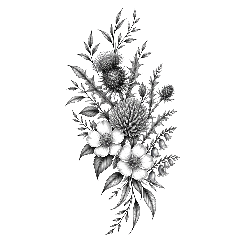 Floral design with three flowers in amongst leaves primarily on my left thigh rising slightly to my hip