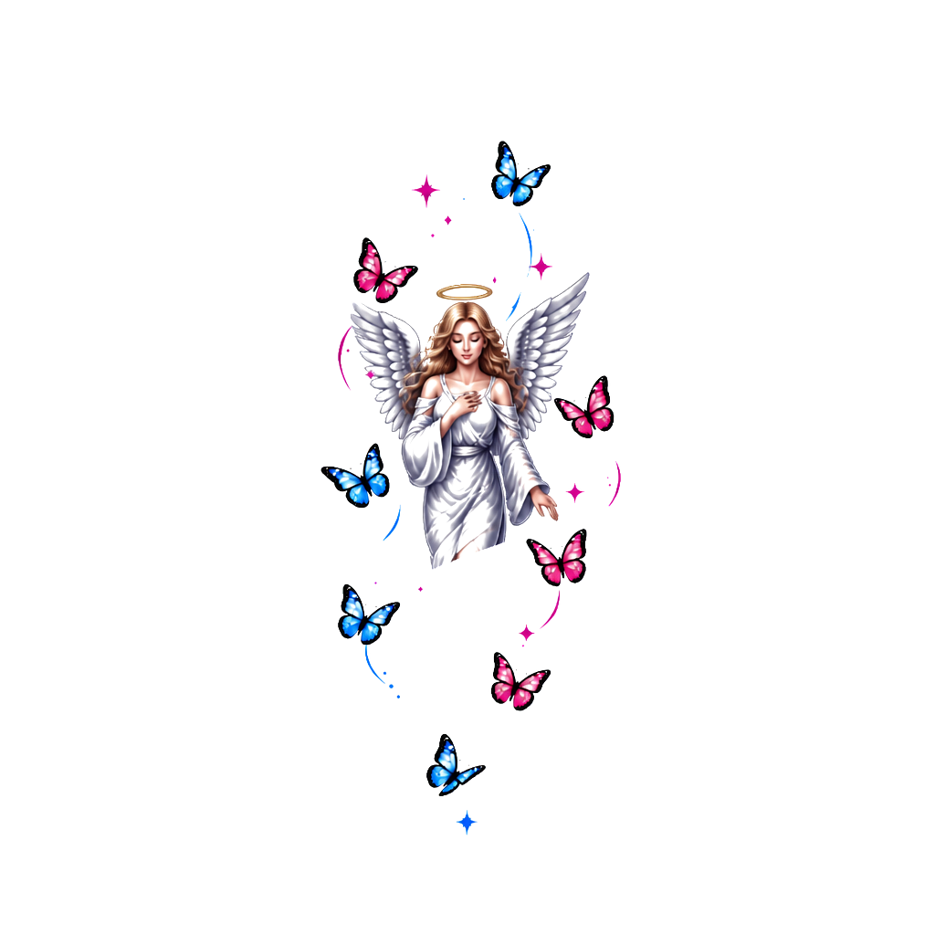 Draw me a tattoo with nine small butterflies, and five of them being pink and four of them being blue. These will need to go small because they are going on a females upper arm.