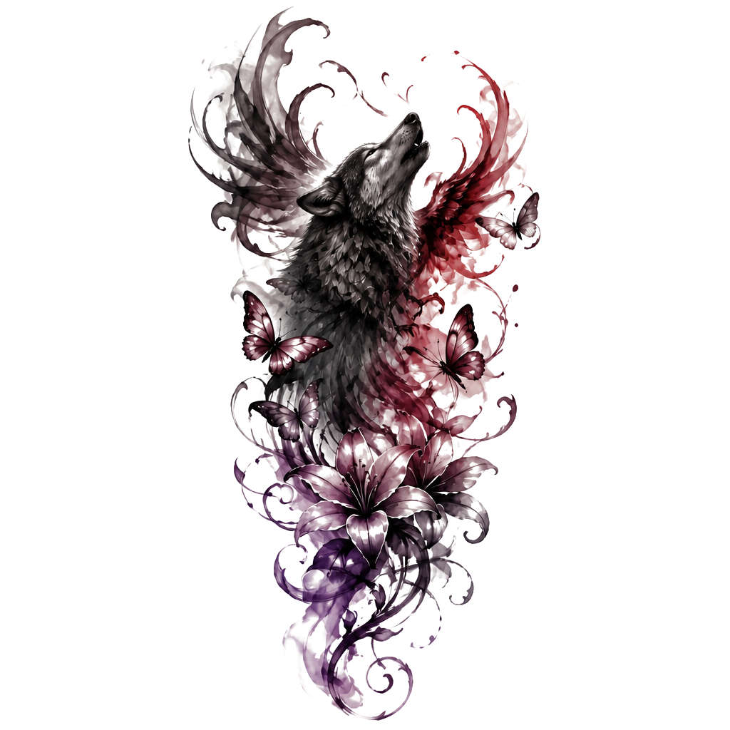 Dark elegant shoulder tattoo: add a large ink-smoke phoenix in black & smoky gray. Smoke-style butterflies + delicate smoky lilies/vines integrated throughout. Flowing organic wrap-around design on shoulder/upper arm. Mood: mysterious, powerful, shadowy, ethereal—dark vibes only, monochrome ink wash aesthetic.i like blue and red and purple idk