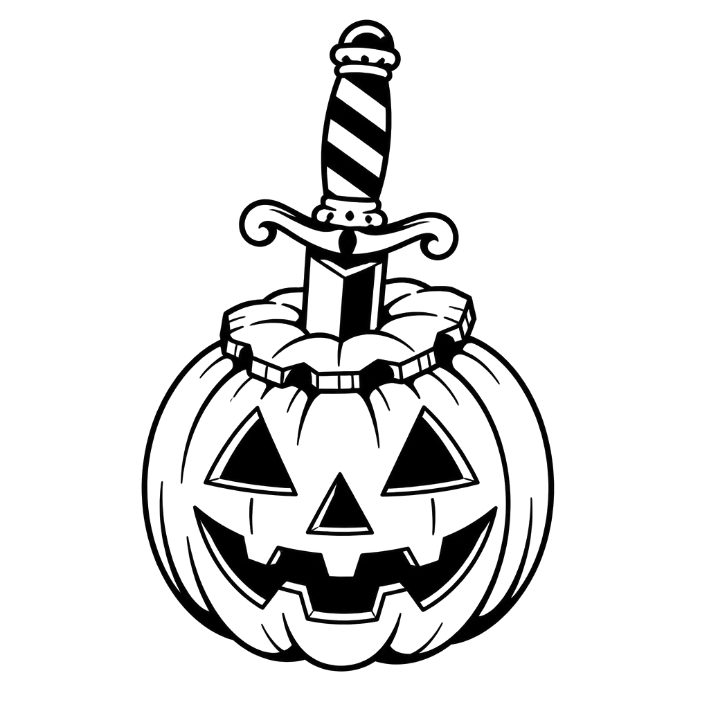 A jack-o'-lantern with a dagger through its lid