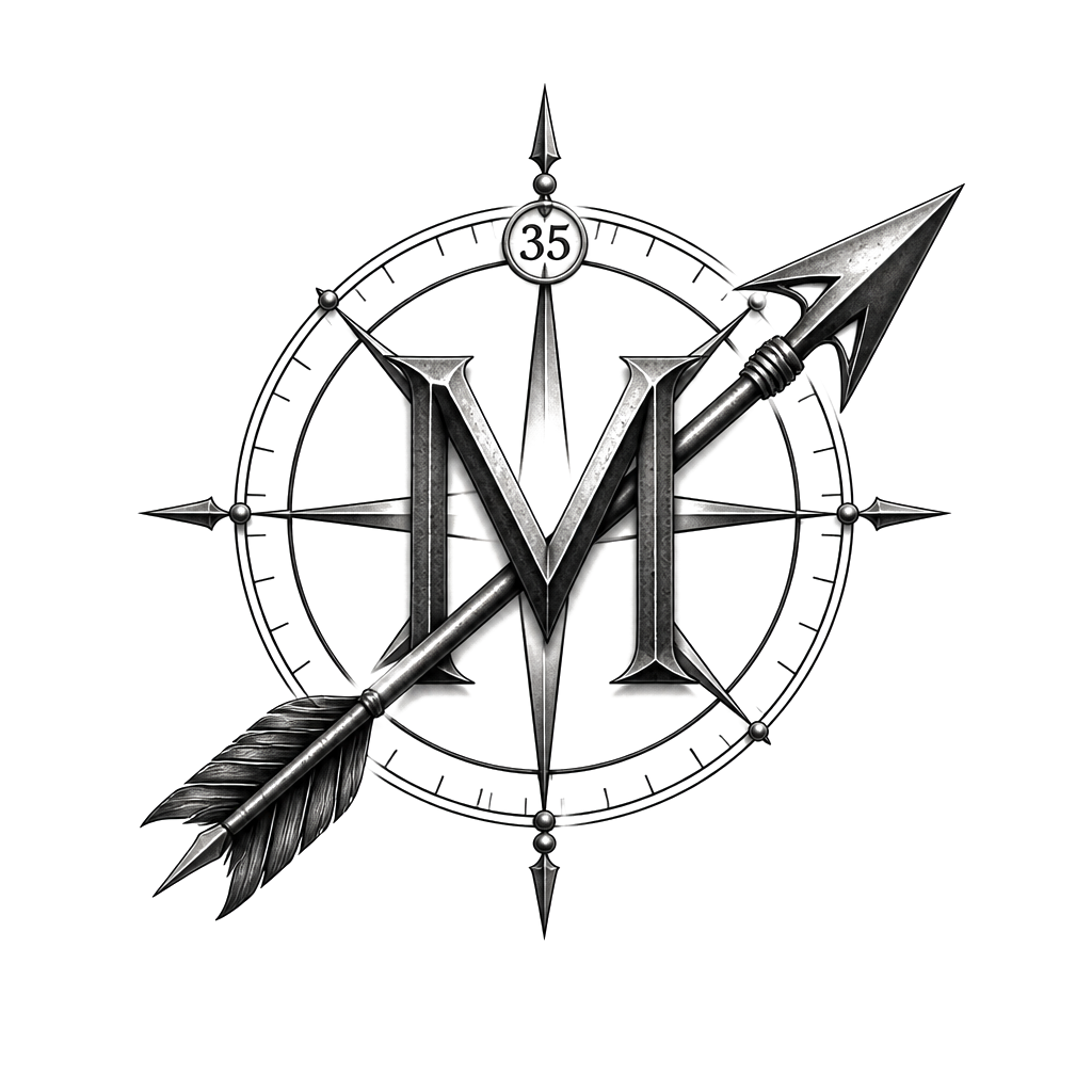 Sagittarius arrow piercing a subtle “M,” with a small 35-marked compass ring suggesting Mike’s direction, resilience, and adventurous spirit.