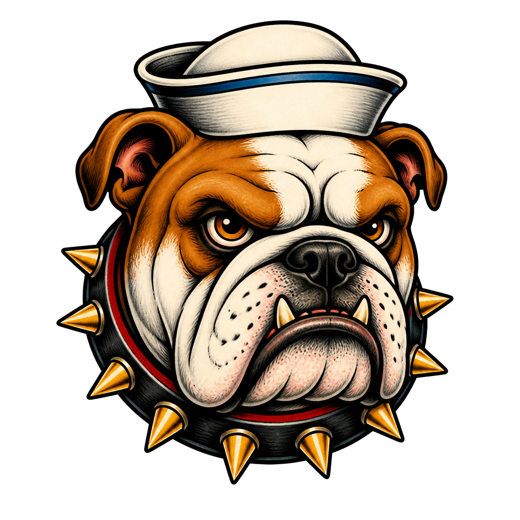 A bulldog in a sailor cap with a spiked collar