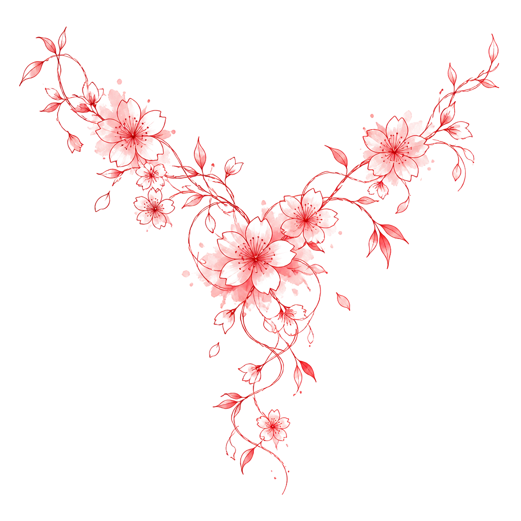 Cherry blossom with vine like leaves/vines, on right shoulder back and front in red ink