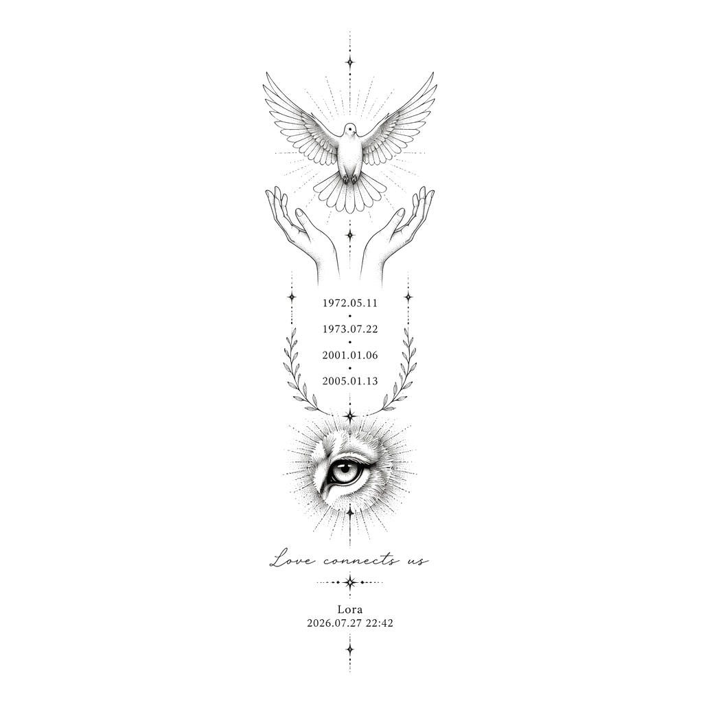 Create a small dotwork-style tattoo for the triceps.

It should include:

* “Love connects us”
* “Lora 2026.07.27 22:42”
* Above it, a lion’s eye
* 1972.05.11
* 1973.07.22
* 2001.01.06
* 2005.01.13
* Above that, two hands with a dove above them