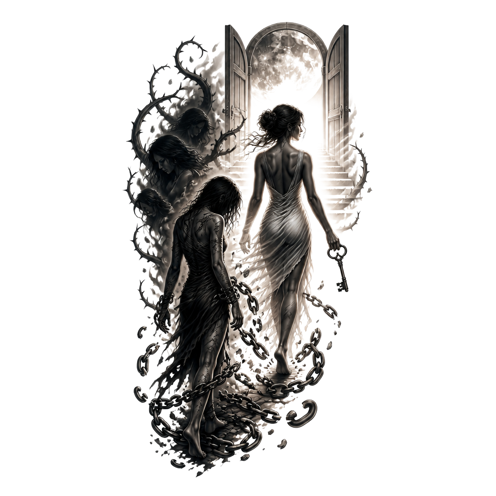 A wounded girl’s silhouette stepping through shattered chains into an upright woman, holding her own key; thorned shadows behind, open doorway and rising moon ahead.
