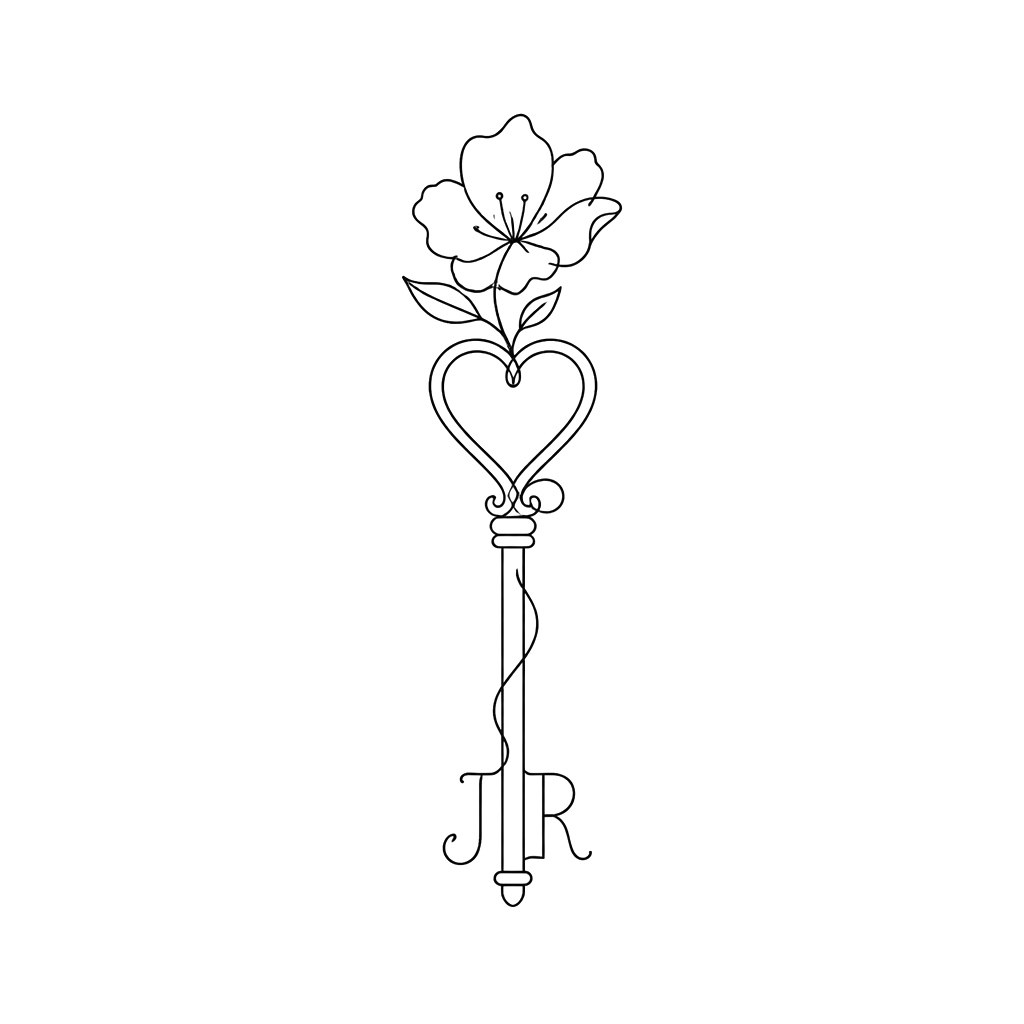 Create a key in a minimalist, single-line style. Add a flower to the top, and the letters “J R” to the bottom. The top of the key should be shaped like a heart.