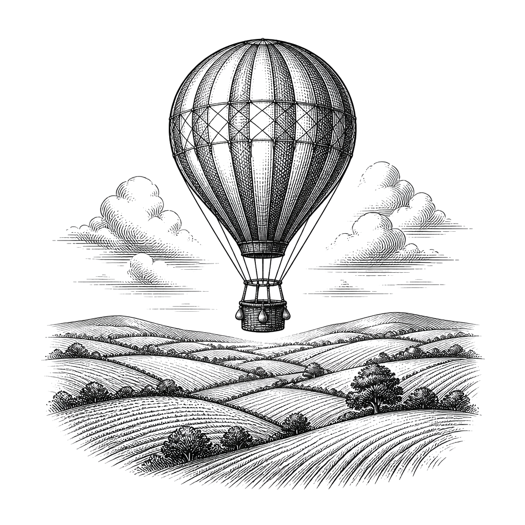 A hot air balloon drifting over hatched fields